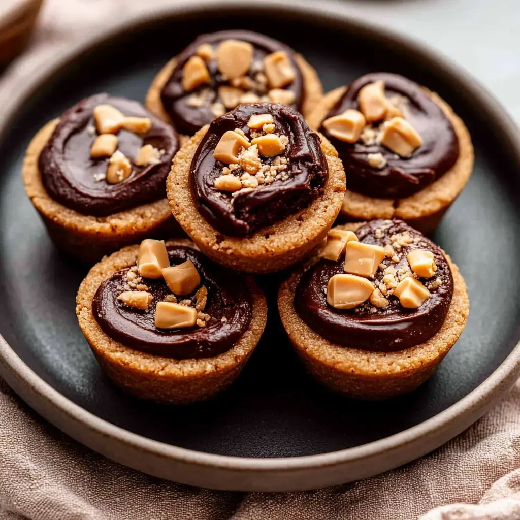 A plate of six cookie cups filled with chocolate frosting and topped with chopped peanuts.