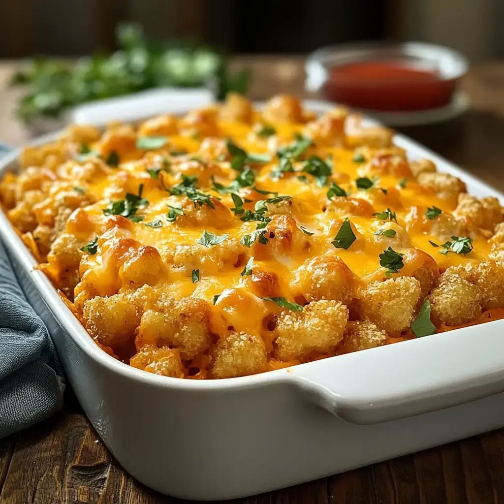 A baked dish of cheesy tater tot casserole topped with fresh herbs, served in a white dish with a side of sauce.