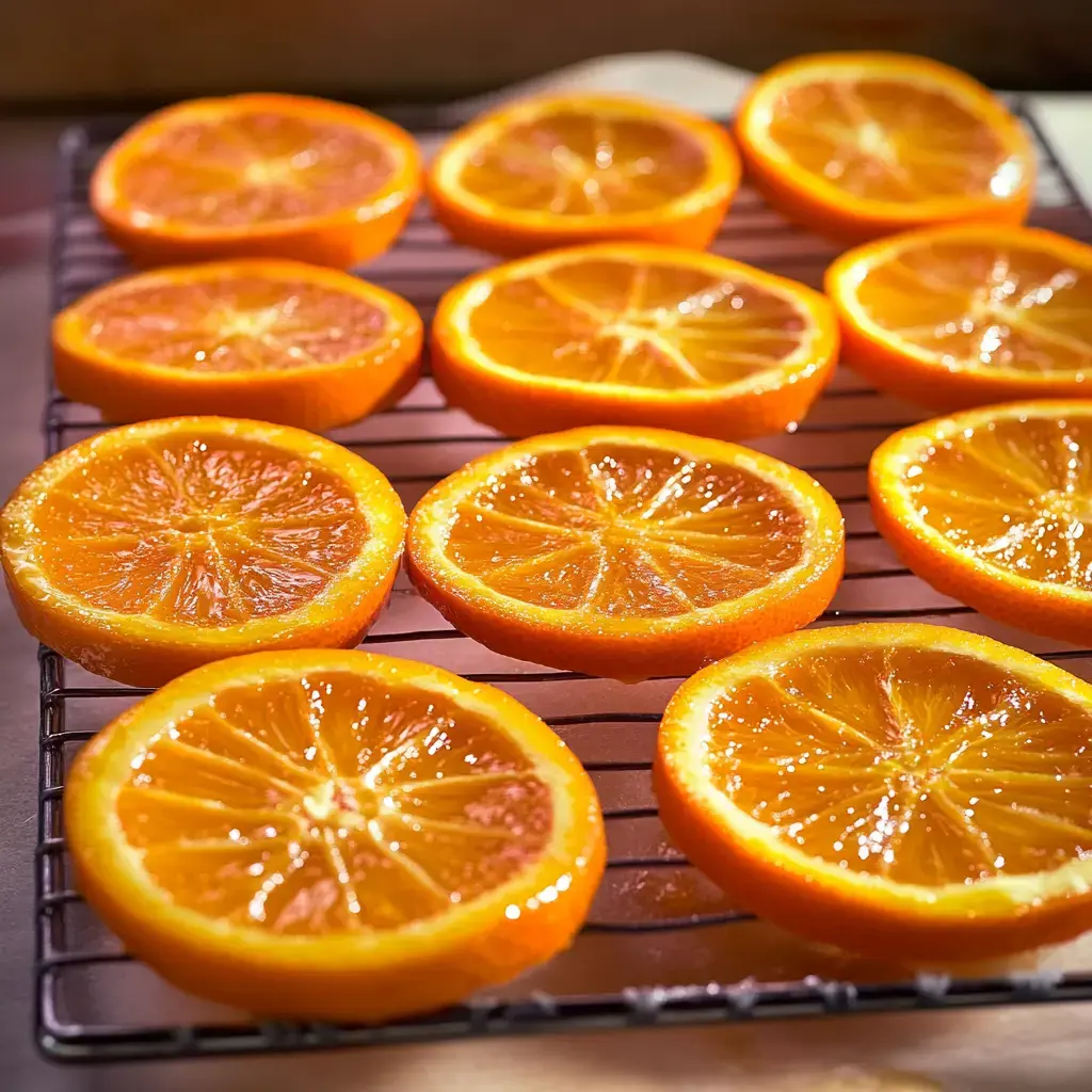 Sliced orange halves are arranged on a wire rack, glistening with a syrupy glaze.