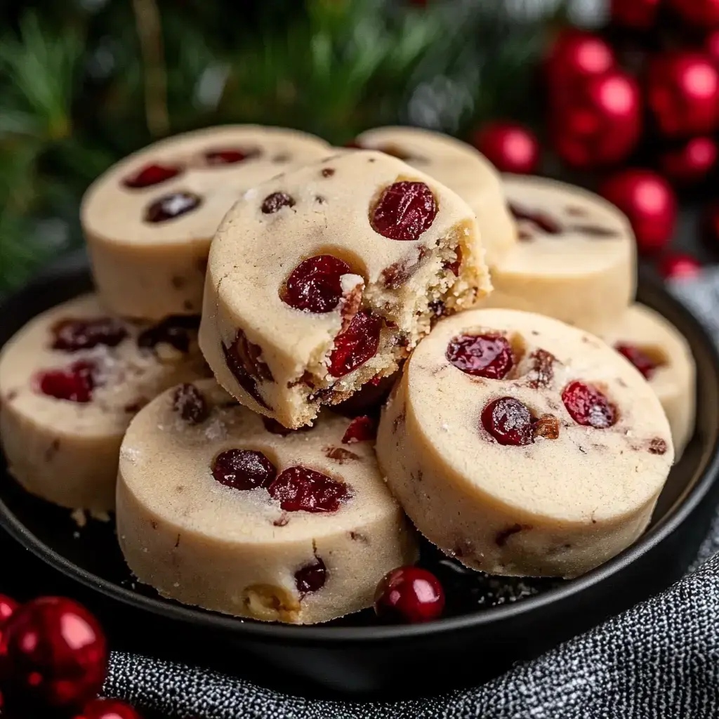 A plate of festive sliced cookies containing cherries and nuts is displayed, with decorative red ornaments and greenery in the background.