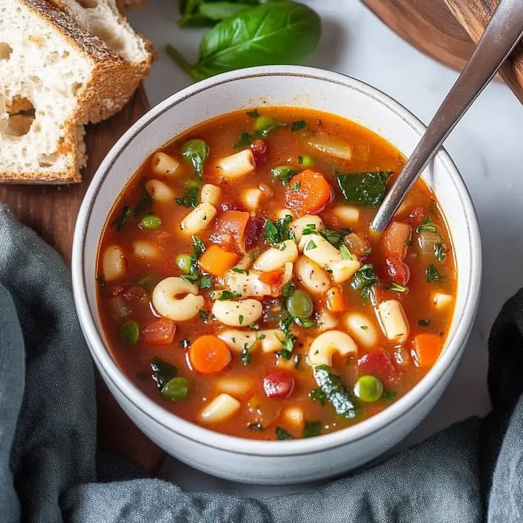 A bowl of hearty vegetable soup with pasta, vibrant carrots, green beans, and herbs, accompanied by slices of bread.