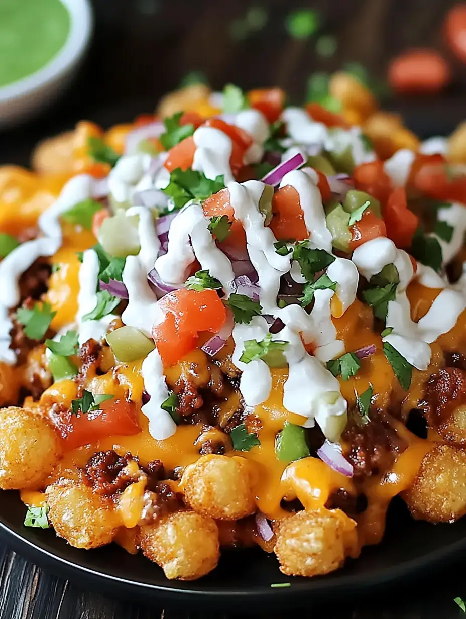 A close-up of a plate of loaded tater tots topped with cheese, ground beef, diced tomatoes, onions, green peppers, cilantro, and drizzled with ranch dressing.