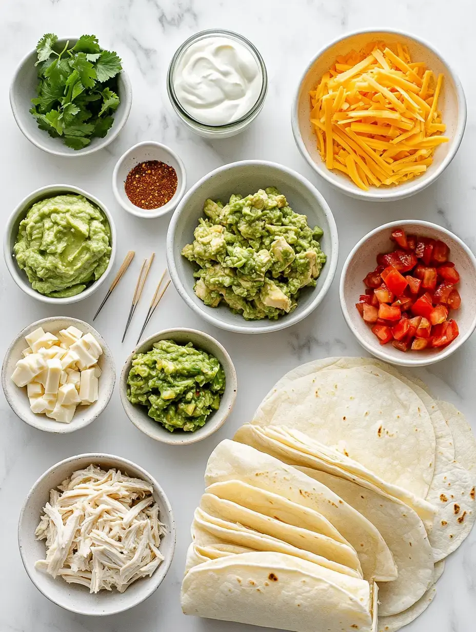 An array of ingredients for making tacos, including tortillas, various guacamole types, shredded chicken, cheese, diced tomatoes, cilantro, sour cream, and seasoning, arranged in bowls on a marble surface.