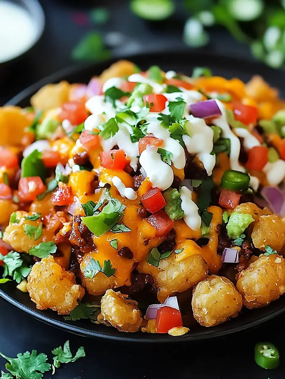 A close-up of a plate filled with loaded tater tots topped with cheese, diced tomatoes, green peppers, onions, and drizzled with sour cream.