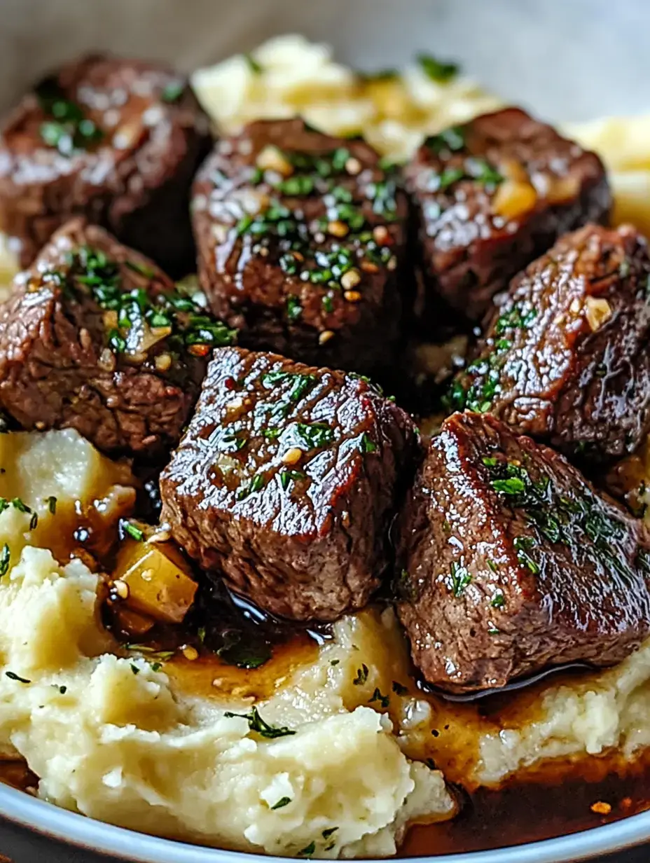 A bowl of tender beef chunks topped with herbs, served over creamy mashed potatoes with a savory sauce.