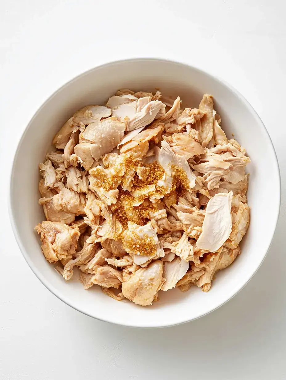 A white bowl filled with shredded cooked chicken topped with a sprinkle of seasoning.