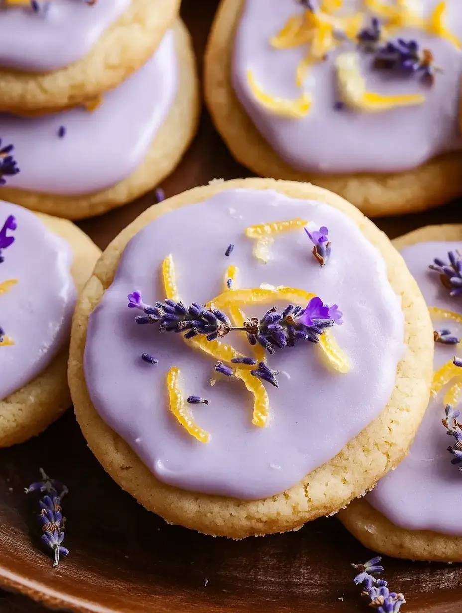 A close-up of round lavender-frosted cookies decorated with edible lavender and lemon zest on a wooden plate.