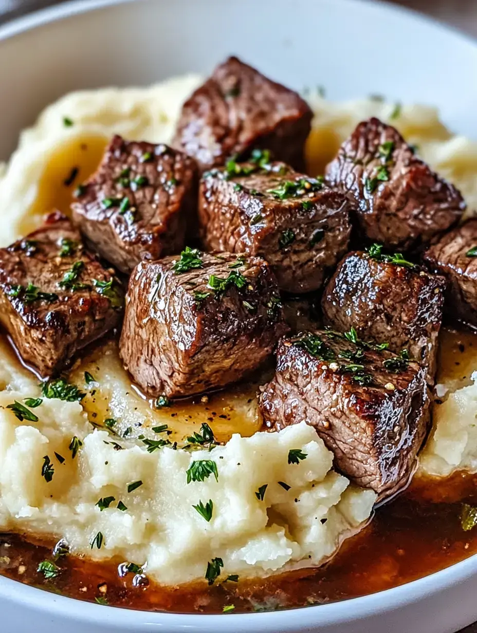 A bowl of creamy mashed potatoes topped with tender pieces of seared beef, garnished with parsley and drizzled with sauce.