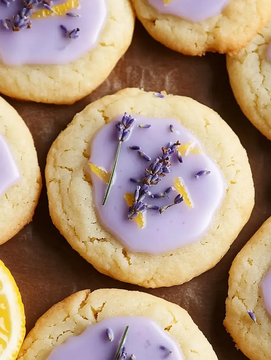 A close-up of cookies topped with lavender icing, garnished with lavender sprigs and lemon zest.