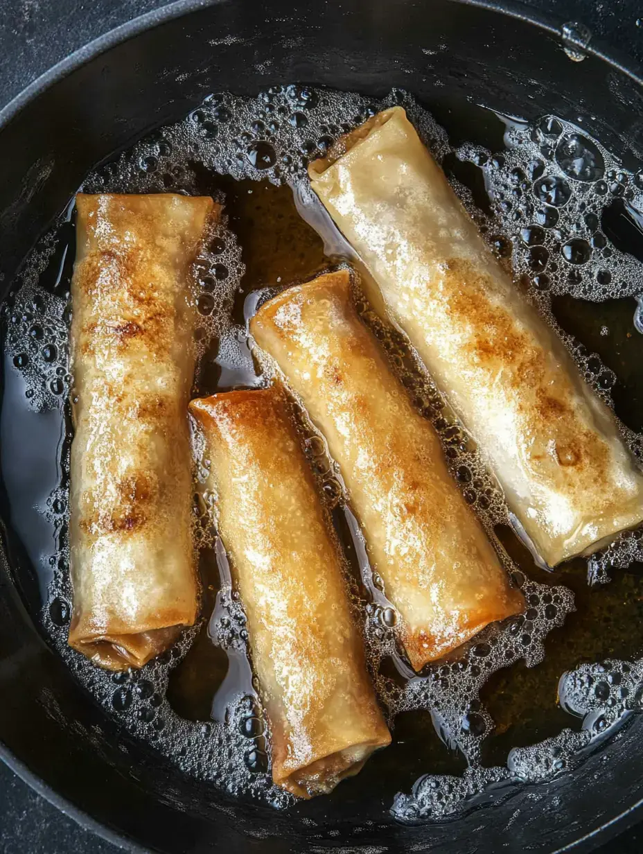 Four golden-brown spring rolls are frying in bubbling oil in a skillet.