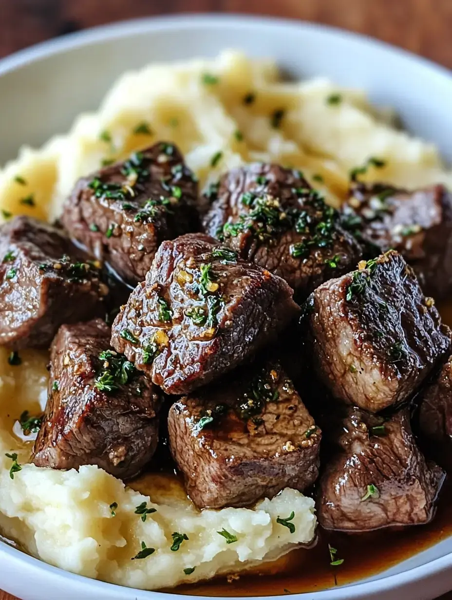 A bowl of tender beef cubes topped with green herbs served on a bed of creamy mashed potatoes.