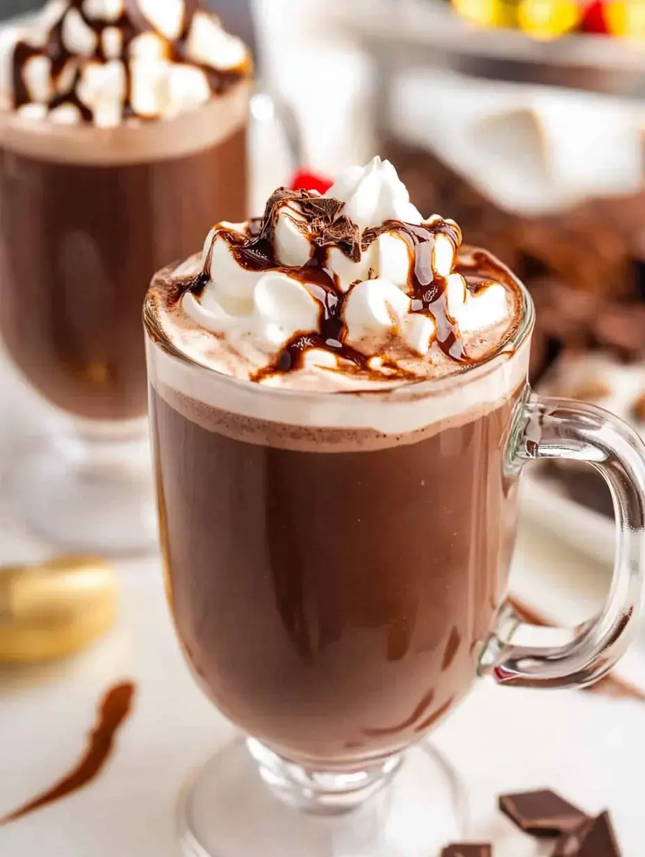 A close-up of a glass mug filled with hot chocolate topped with whipped cream, chocolate drizzle, and marshmallows, with another mug in the background.