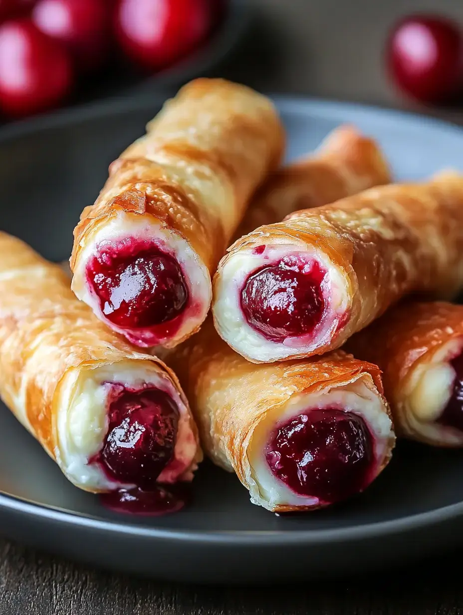 A plate of rolled pastries filled with cheese and cherry filling, showcasing their rich red centers.