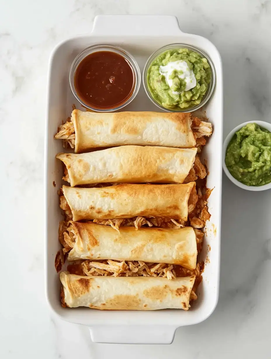 A white baking dish contains four golden-brown chicken-filled enchiladas, accompanied by bowls of salsa and guacamole.