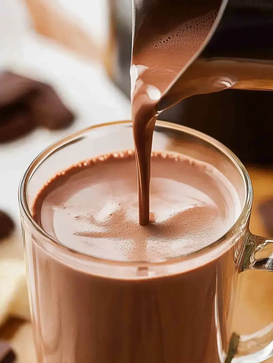 A steaming stream of chocolate is being poured into a clear glass filled with rich, frothy hot chocolate.