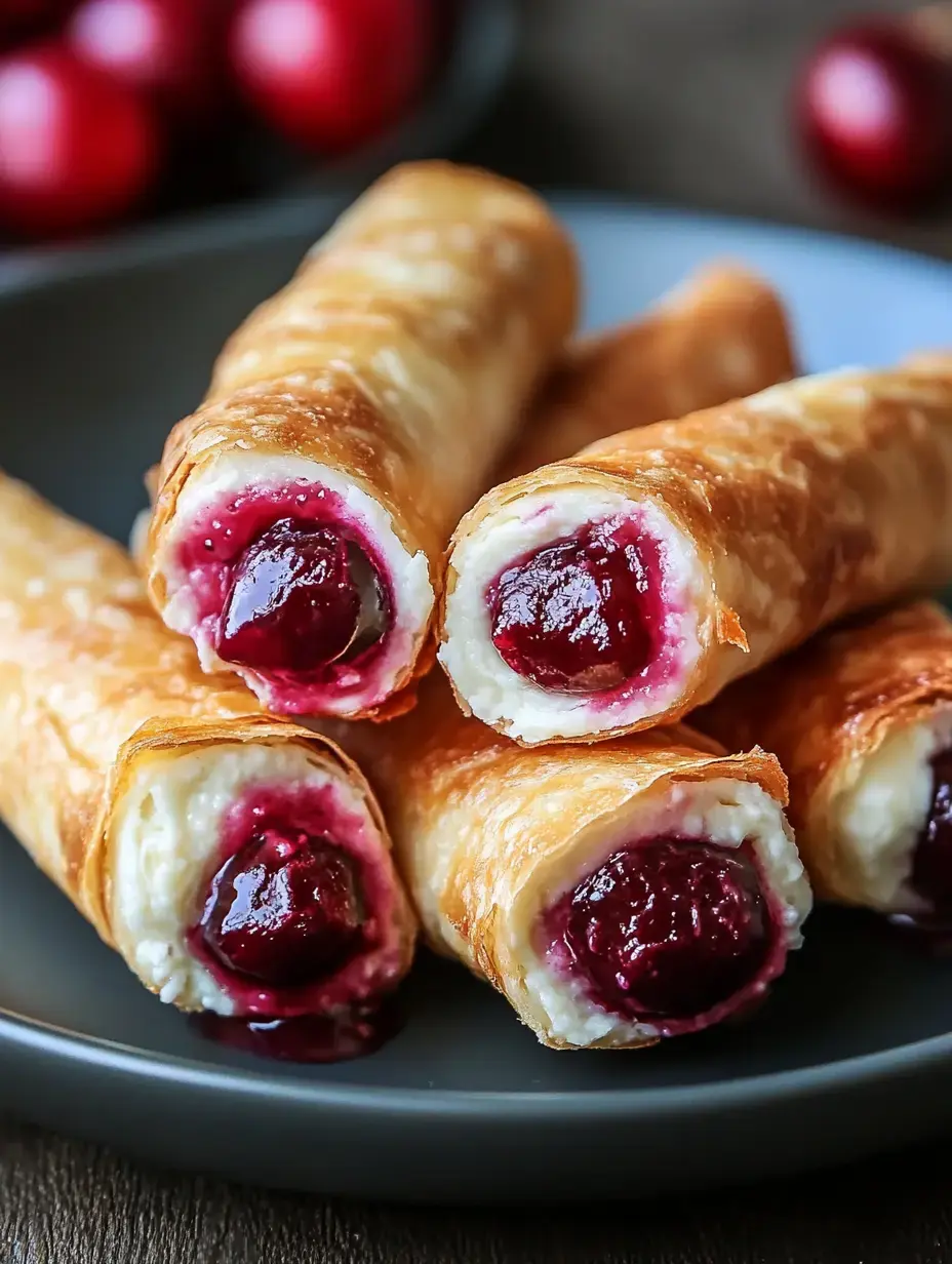 A close-up of several freshly baked pastry rolls filled with cream and cherries, served on a dark plate.