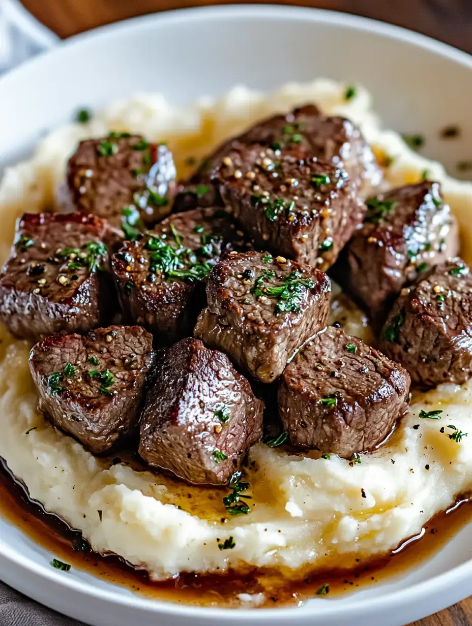 A plate of succulent beef cubes topped with herbs, served over a bed of creamy mashed potatoes with a drizzle of sauce.