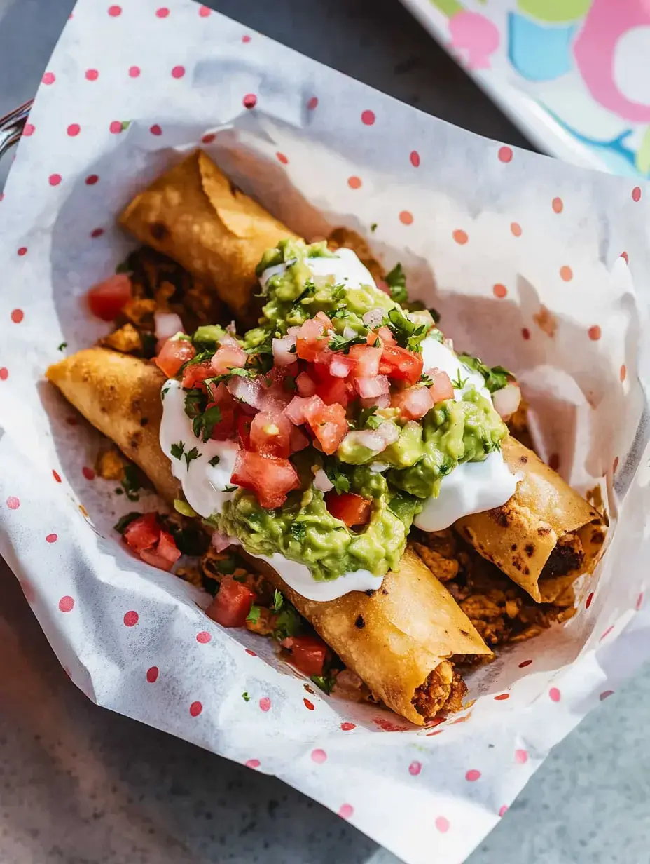 A serving of crispy taquitos topped with guacamole, sour cream, and diced tomatoes, presented in a polka-dotted paper basket.