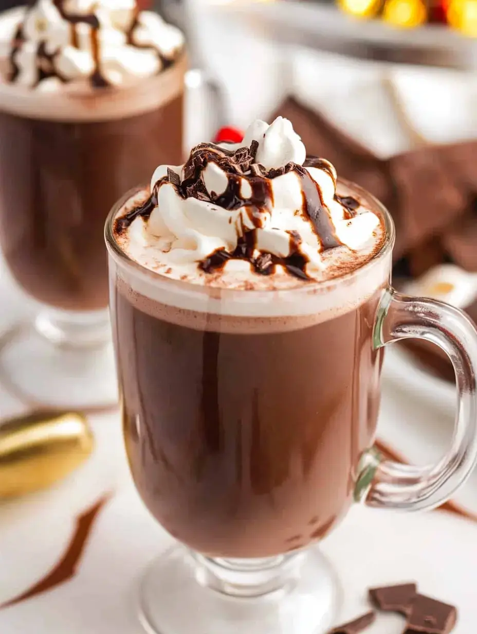 Two mugs of hot chocolate topped with whipped cream, chocolate syrup, and shaved chocolate are displayed on a white surface, accompanied by chocolate pieces and decorative gold items in the background.