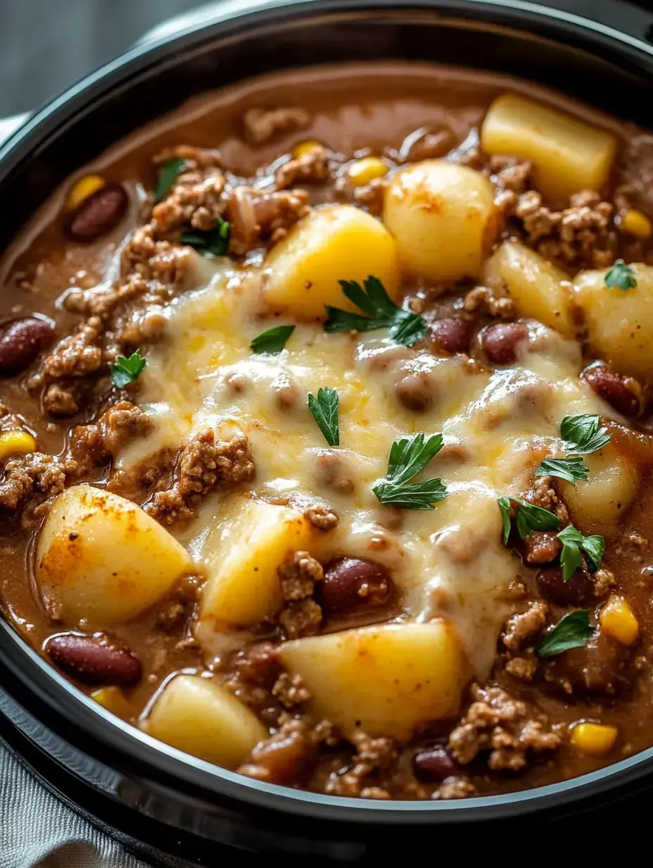 A hearty bowl of stew featuring ground beef, potatoes, kidney beans, corn, and melted cheese, garnished with fresh parsley.