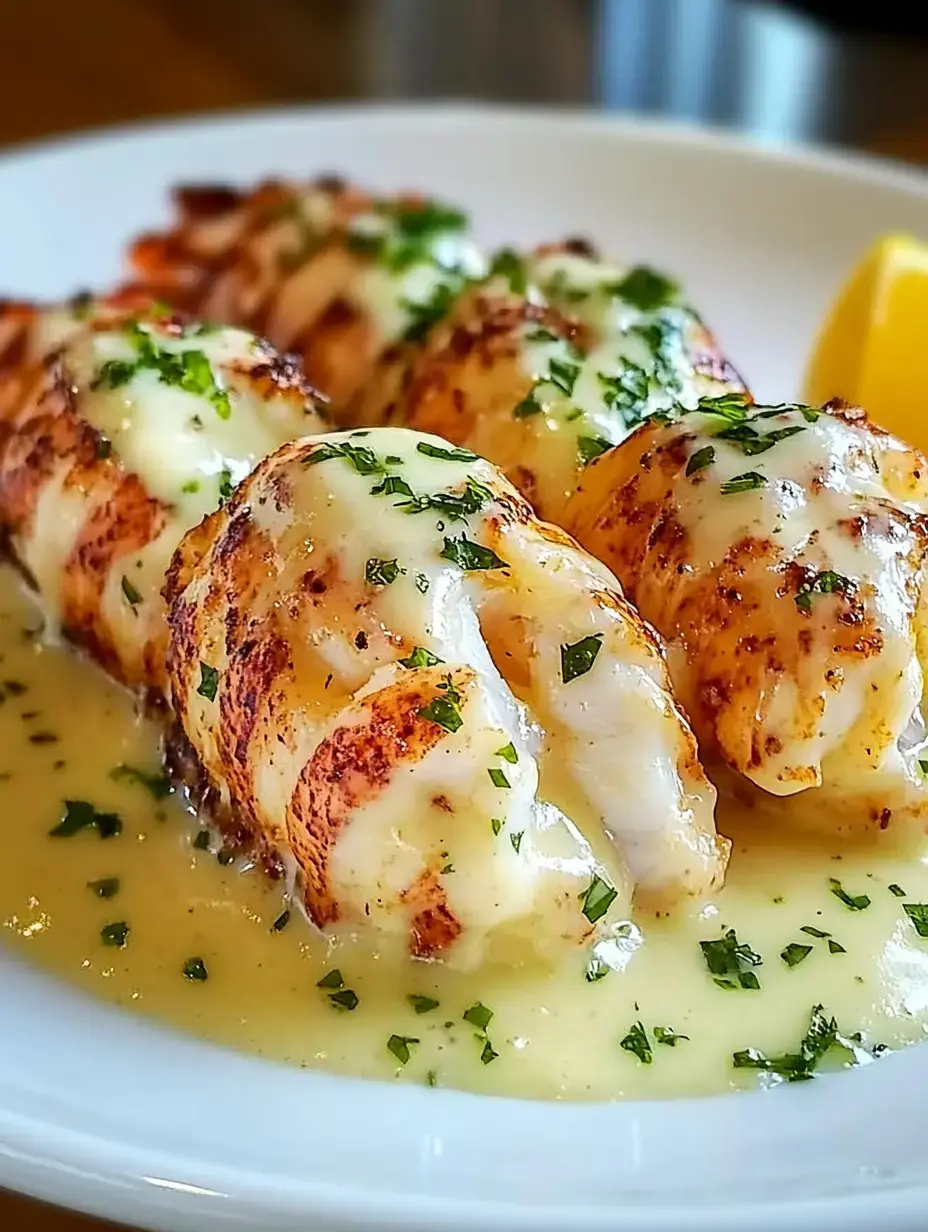 A plate of grilled lobster tails topped with melted cheese and garnished with parsley, served with a lemon wedge.