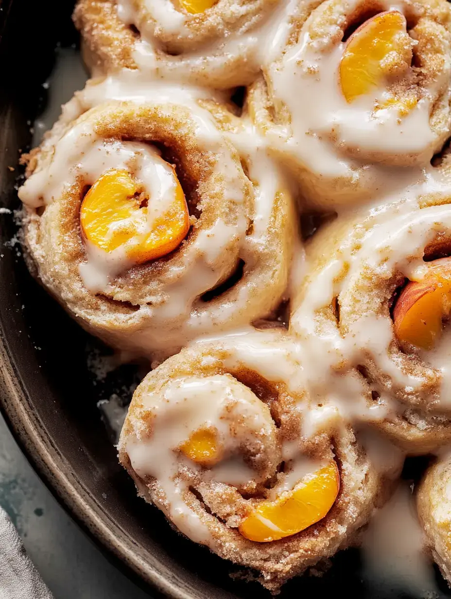 A close-up view of cinnamon rolls topped with icing and peach slices, arranged in a dark baking dish.