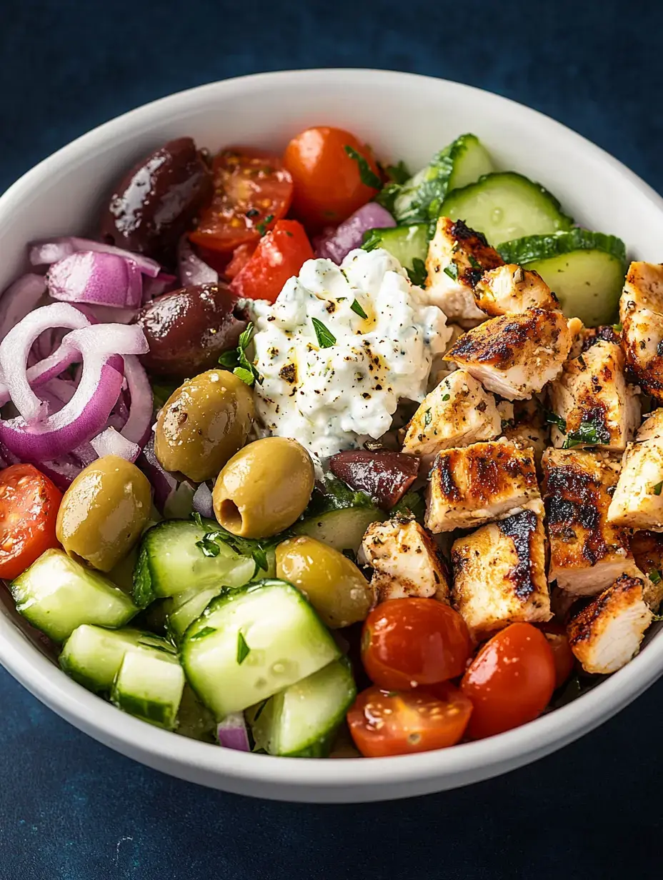 A close-up of a bowl filled with grilled chicken, cherry tomatoes, cucumbers, olives, red onions, and cottage cheese.