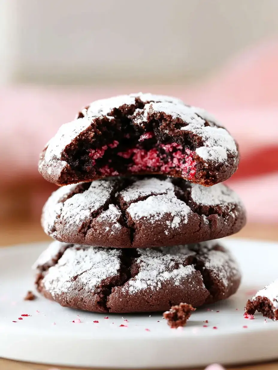 Three stacked chocolate cookies dusted with powdered sugar, with one cookie partially bitten to reveal a bright pink filling inside.