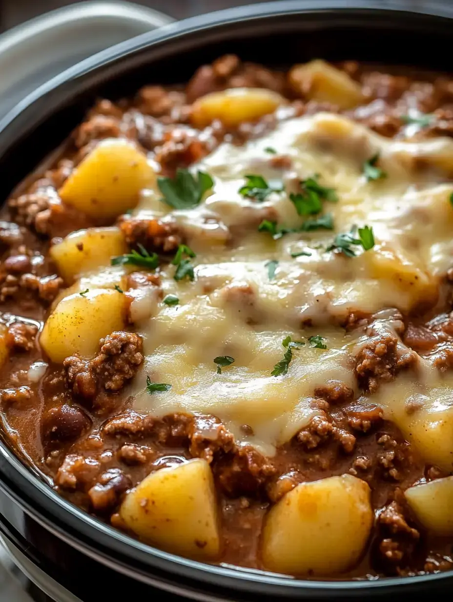 A close-up of a savory beef and potato stew topped with melted cheese and garnished with parsley in a black serving bowl.