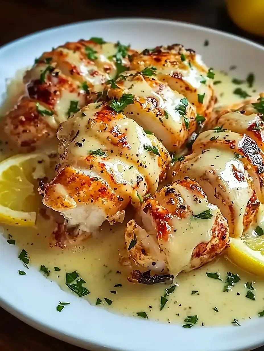 A plate of grilled chicken drizzled with creamy sauce, garnished with parsley and served with lemon slices.