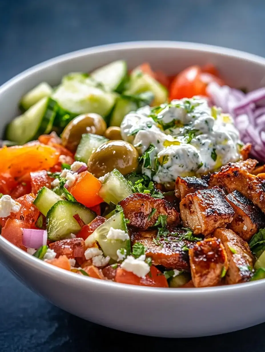 A vibrant salad bowl filled with diced vegetables, grilled chicken, olives, and a dollop of yogurt sauce.