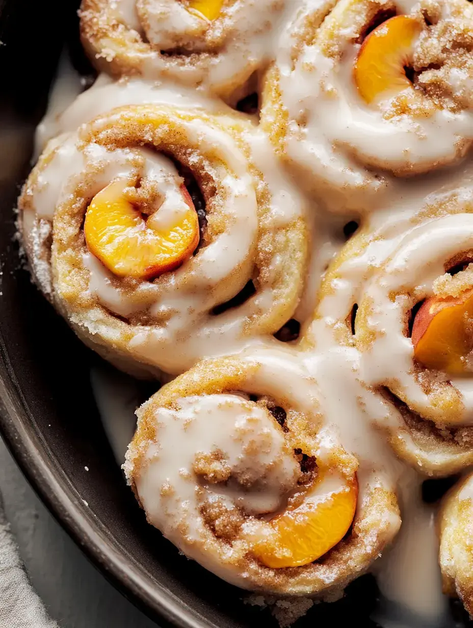 A close-up view of glazed cinnamon rolls topped with peach slices and sprinkled sugar, arranged in a baking dish.