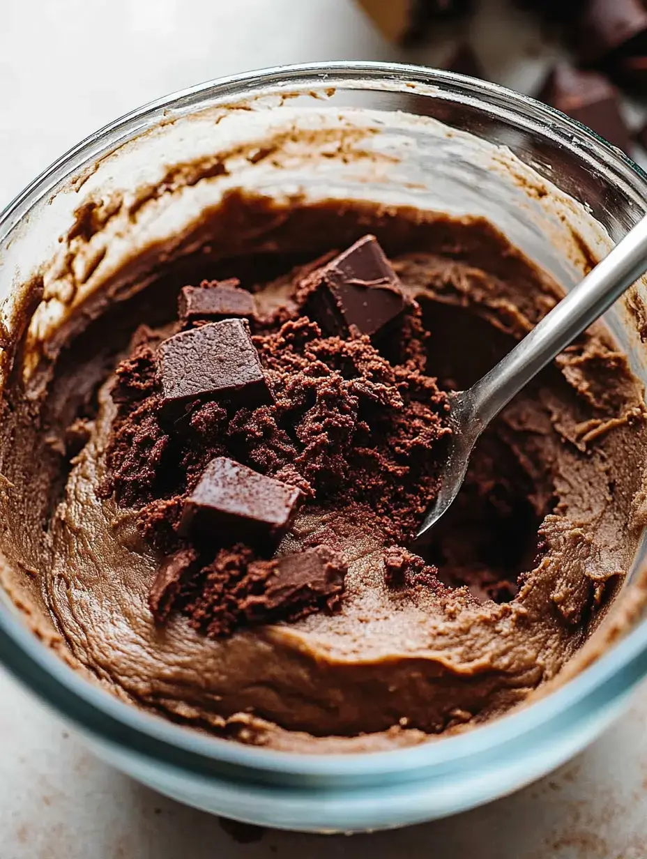 A glass bowl filled with brown chocolate batter topped with pieces of chocolate and cocoa powder, with a spoon stirring the mixture.