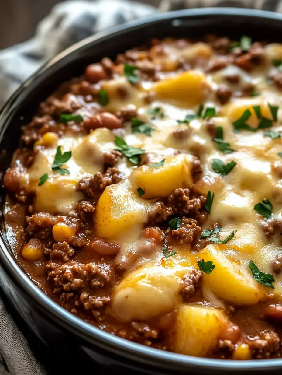 A close-up view of a savory casserole featuring ground beef, potatoes, beans, corn, and melted cheese, garnished with fresh parsley.