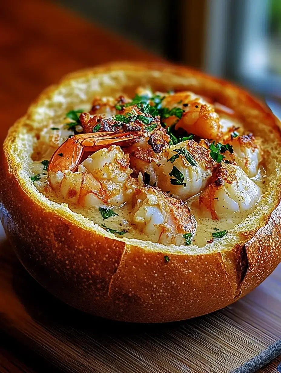 A bowl made of bread is filled with creamy shrimp soup, topped with parsley.