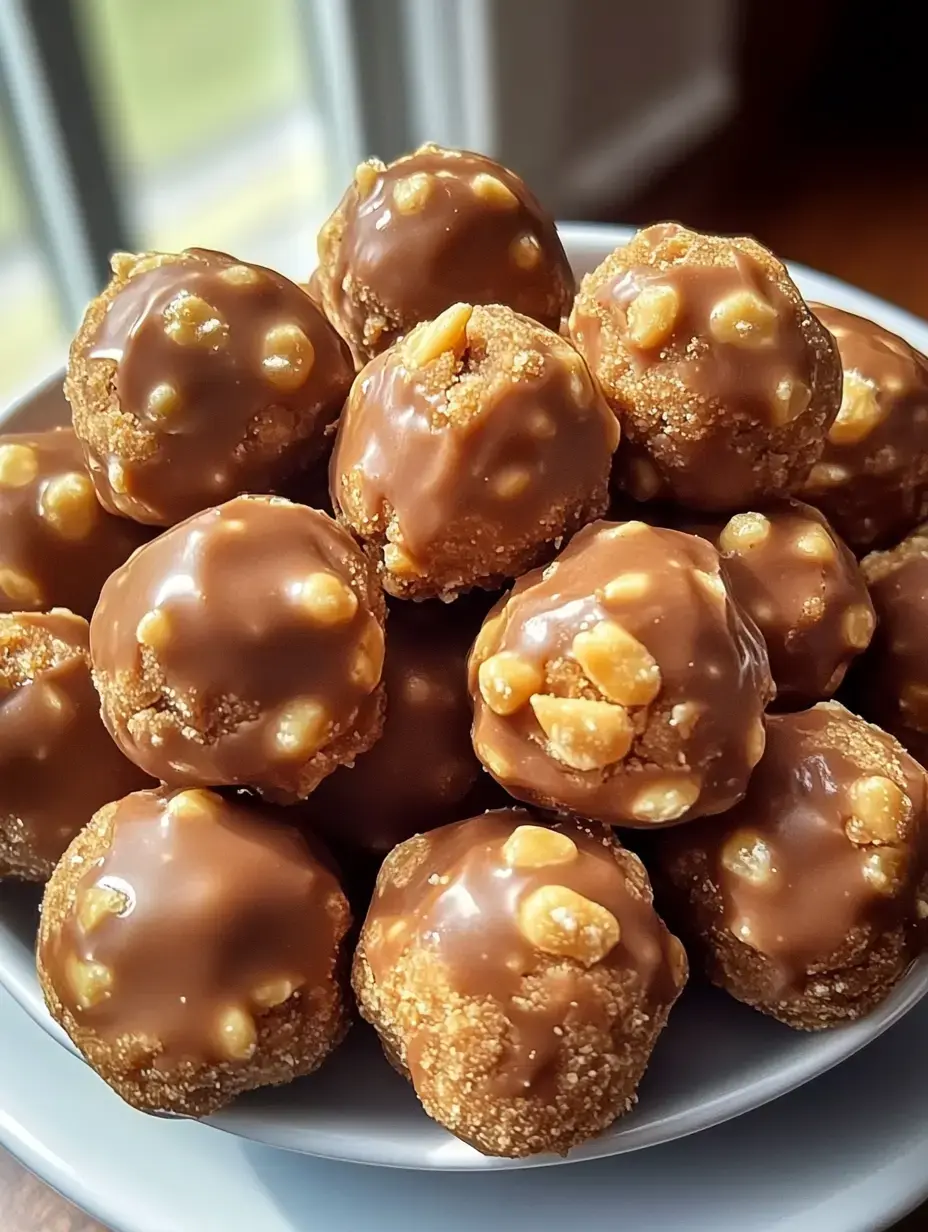 A close-up of a plate piled high with chocolate-covered balls, garnished with crushed nuts.