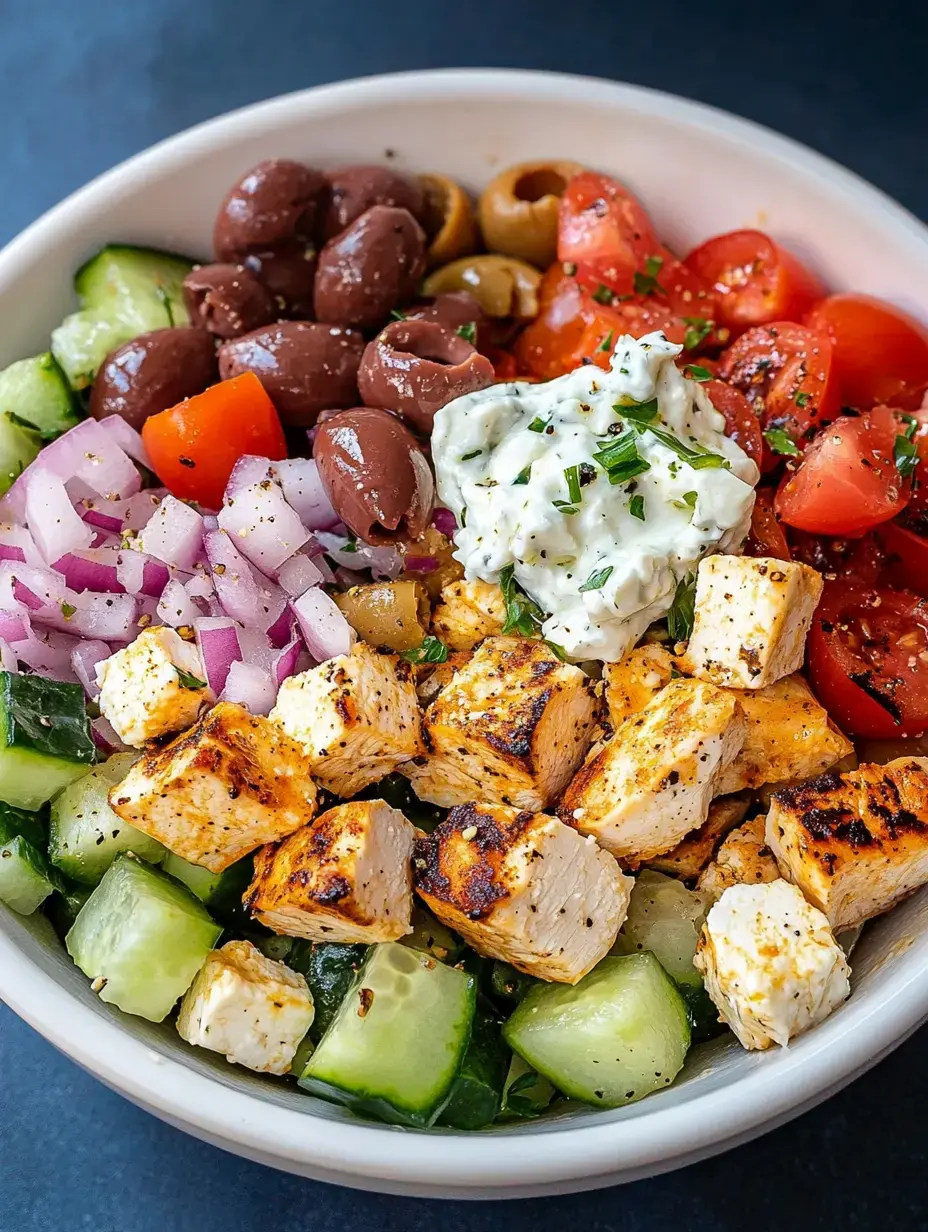 A colorful salad bowl featuring grilled chicken, cucumbers, olives, tomatoes, red onion, and a dollop of creamy dressing.