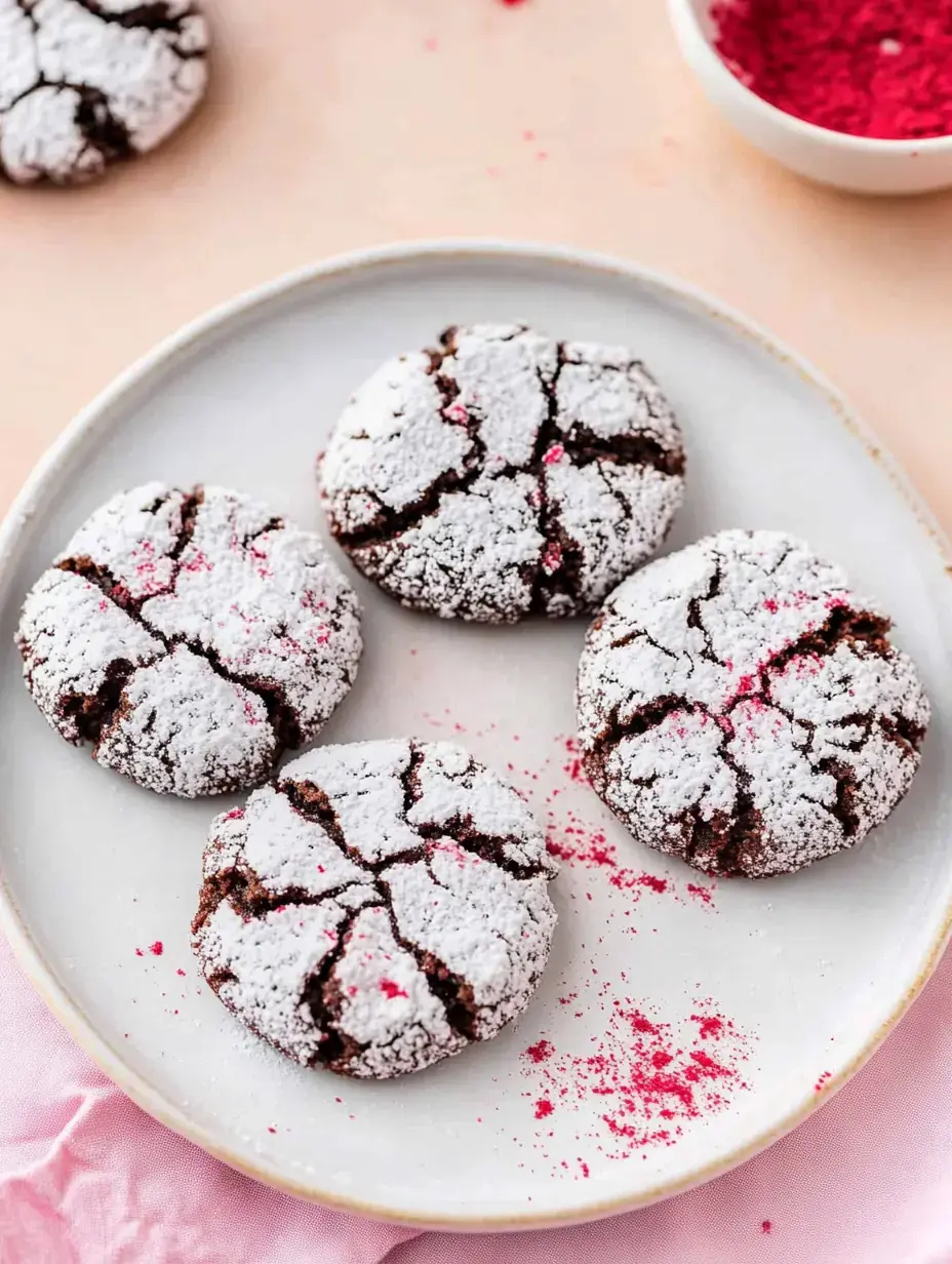 A plate of chocolate crackle cookies dusted with powdered sugar and pink sprinkles.