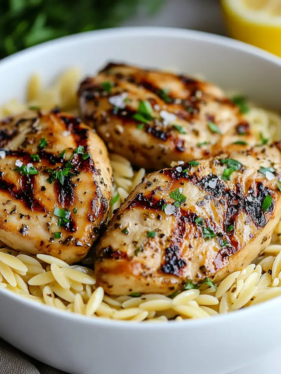 Grilled chicken breasts seasoned with herbs are served on a bed of orzo pasta in a white bowl.