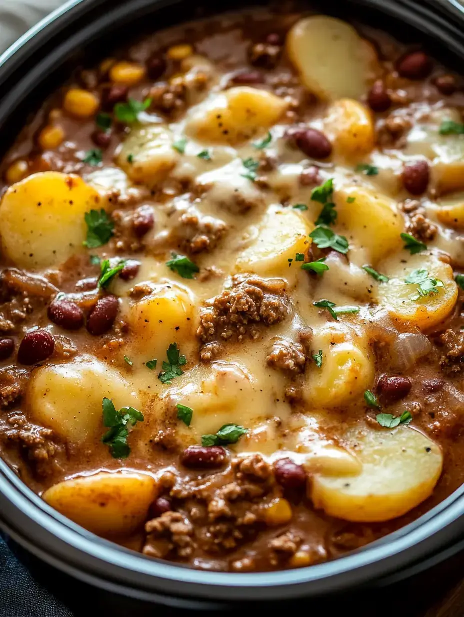 A close-up of a hearty beef and potato stew topped with melted cheese and sprinkled with fresh parsley.