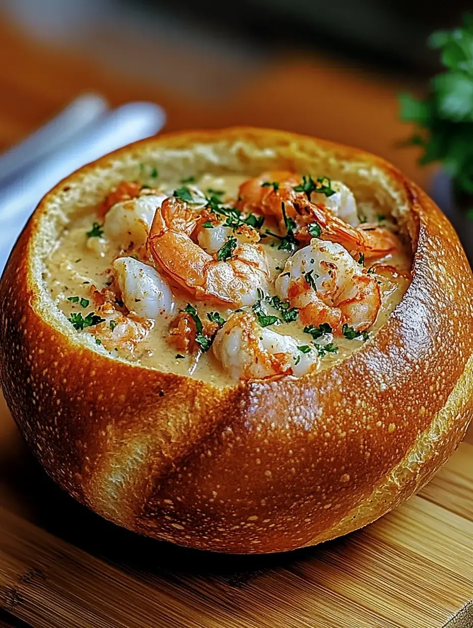 A bowl-shaped bread filled with creamy shrimp and garnished with parsley.