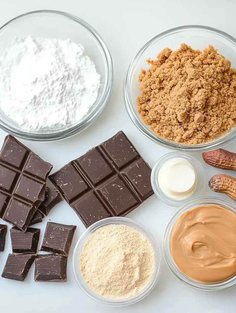 An arrangement of various ingredients for baking, including powdered sugar, brown sugar, chocolate, peanut butter, and ground peanuts in glass bowls on a light surface.