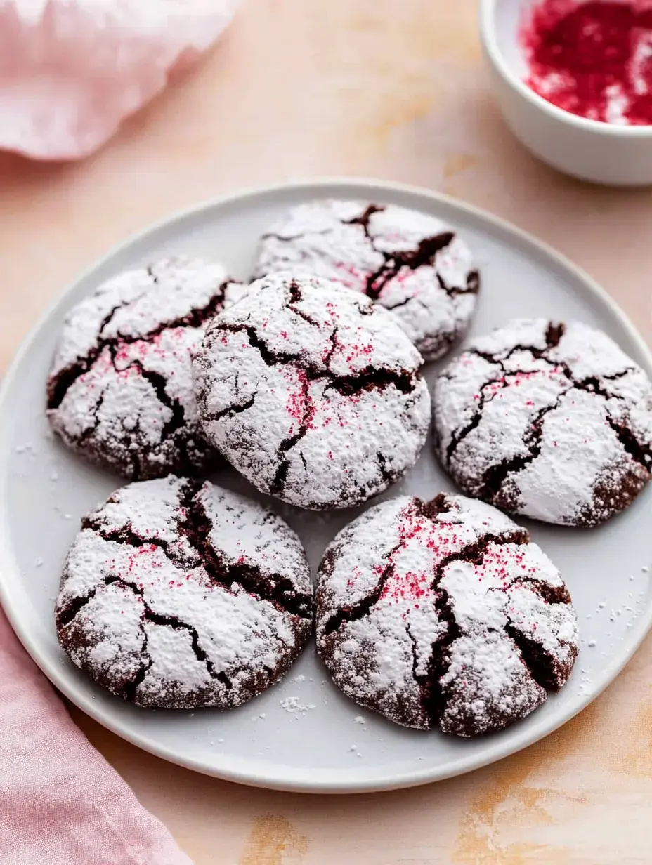 A close-up of a white plate filled with chocolate crinkle cookies dusted with powdered sugar and adorned with red sprinkles.