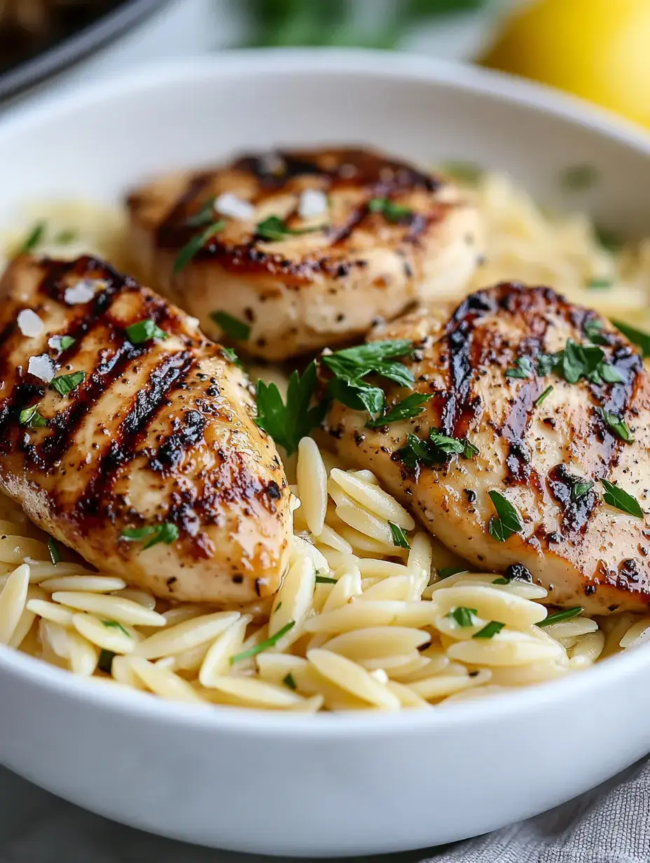 A bowl of orzo pasta topped with three grilled chicken breasts, garnished with parsley and a sprinkle of salt.