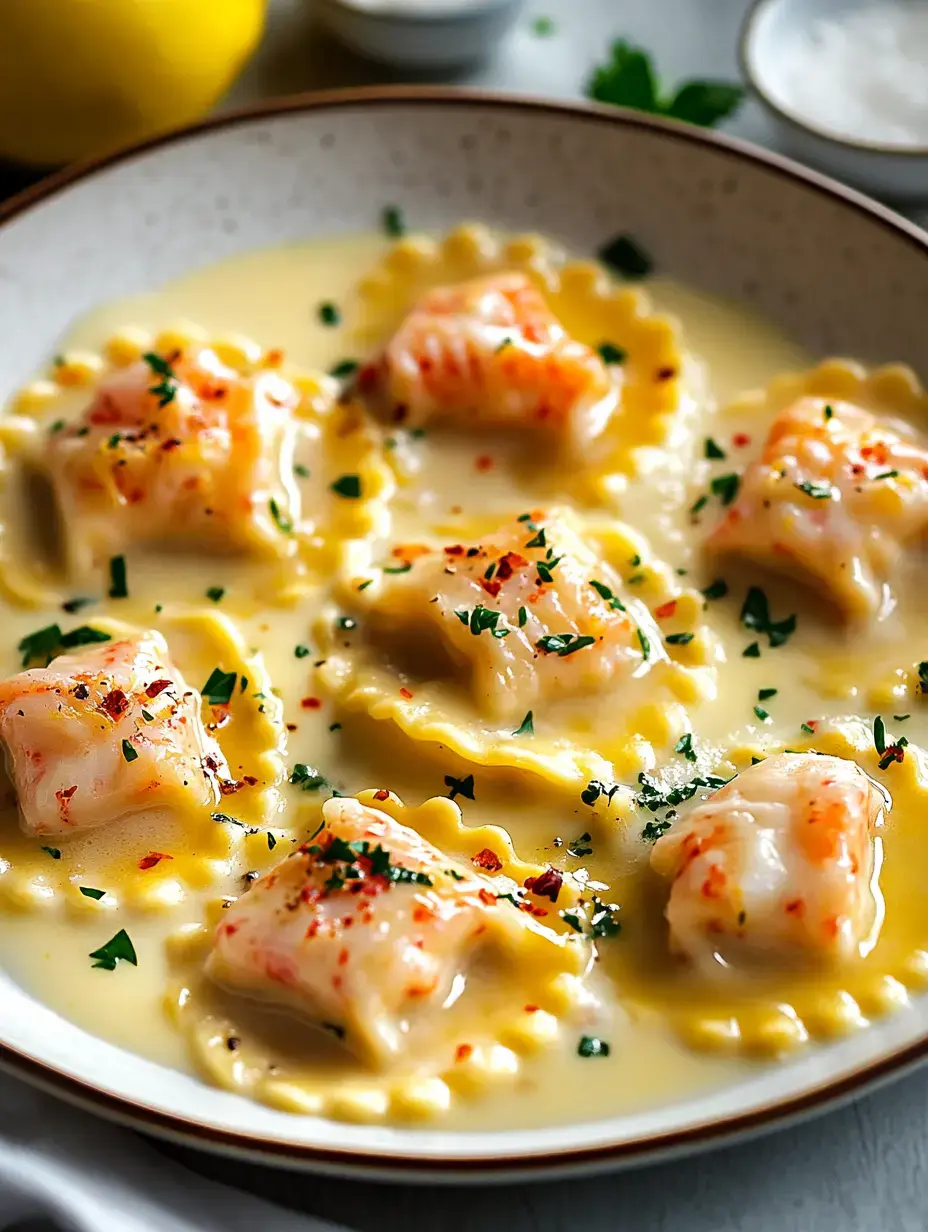 A plate of ravioli in a creamy sauce, topped with parsley and seasoning, accompanied by a lemon in the background.