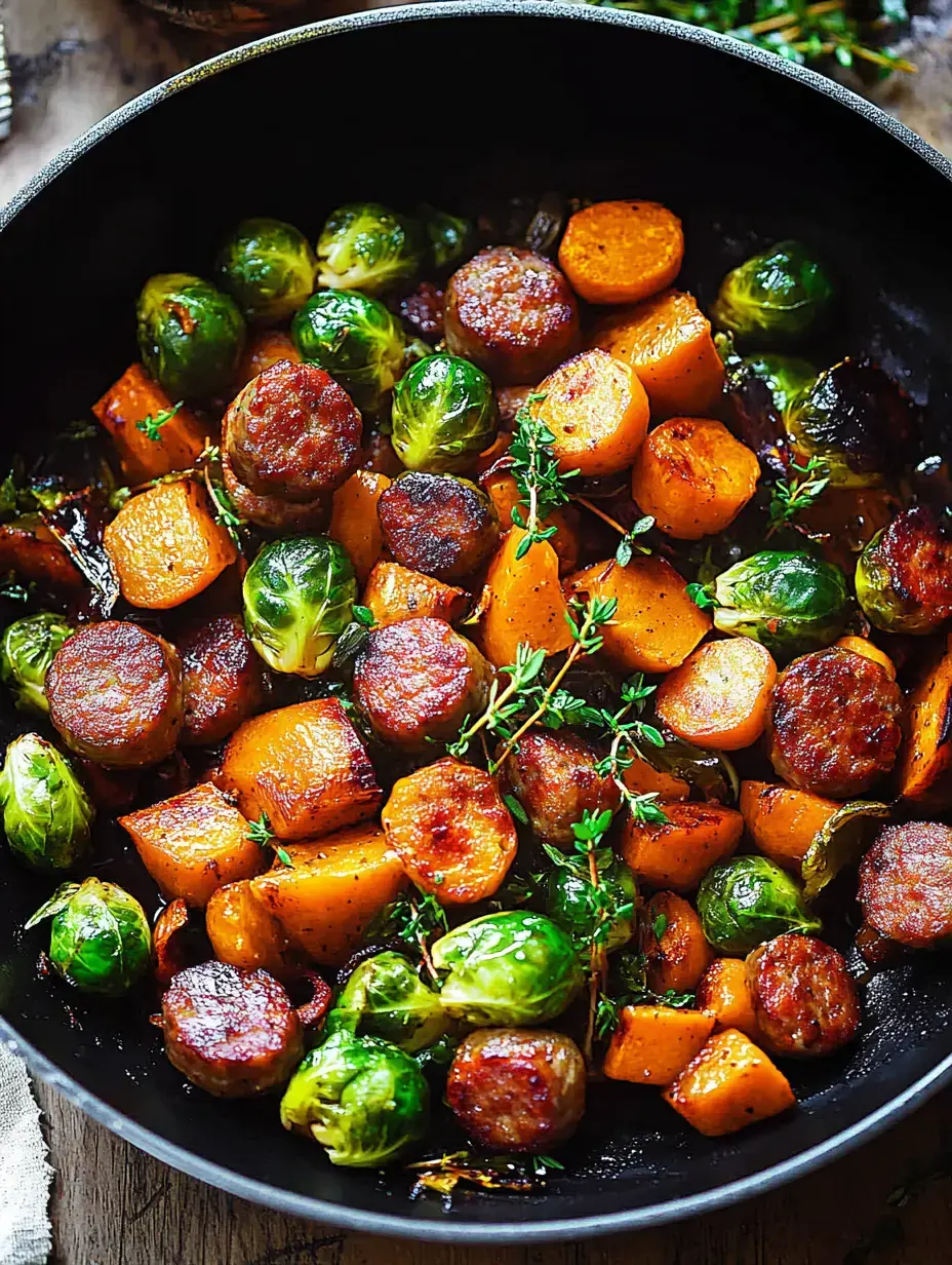 A skillet filled with roasted Brussels sprouts, sausage pieces, and diced butternut squash, garnished with fresh thyme.