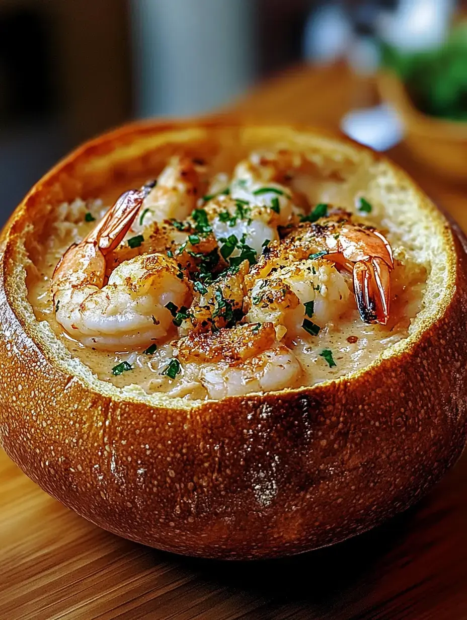 A bowl of creamy shrimp dish topped with herbs, served in a round bread container.