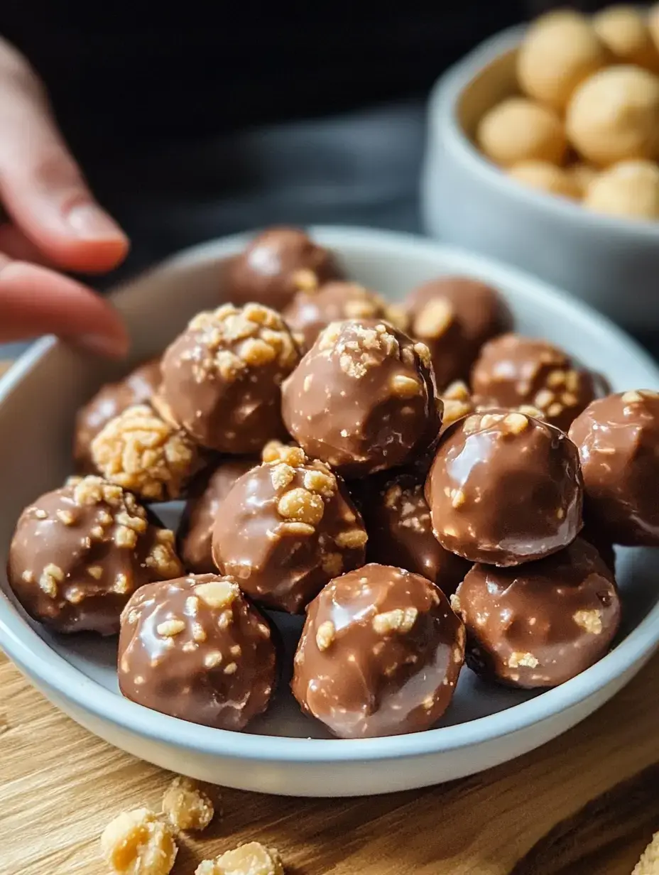 A bowl filled with chocolate-covered snacks topped with crunchy bits, with a hand reaching towards them.