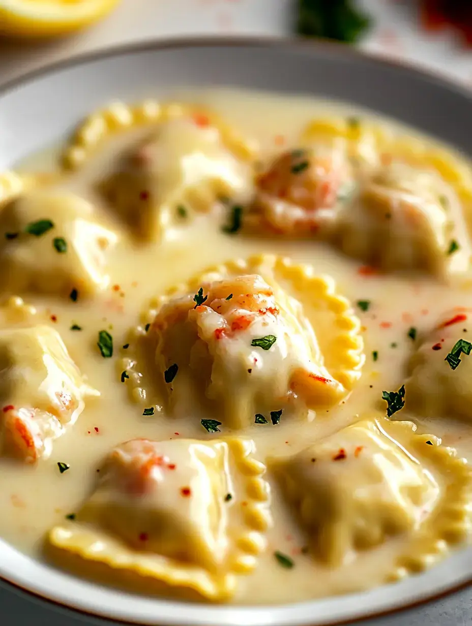 A close-up of ravioli in a creamy sauce, garnished with herbs and hints of red seasoning, served in a white bowl.