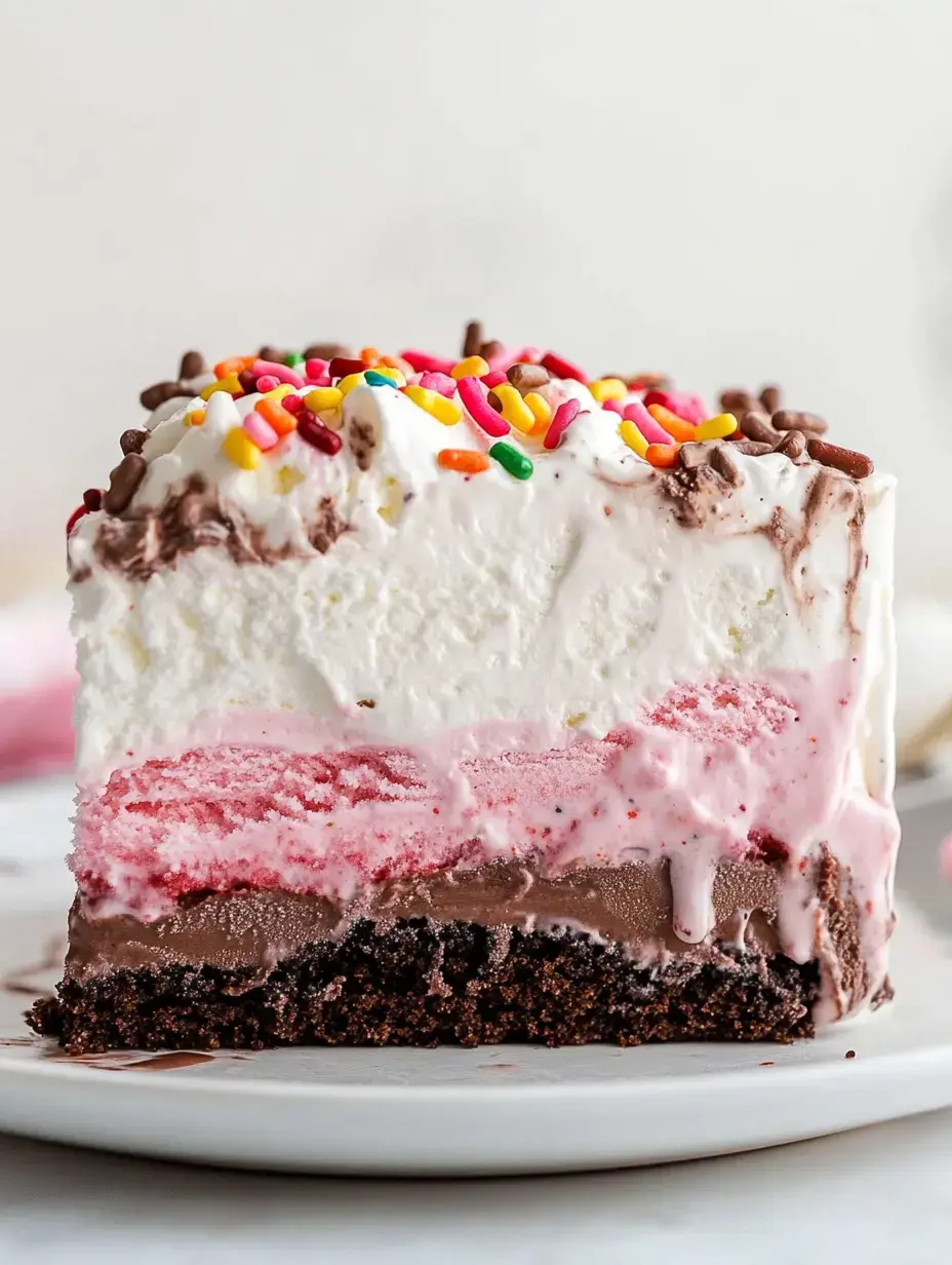 A cross-section of a layered ice cream cake featuring chocolate, strawberry, and vanilla layers, topped with whipped cream and colorful sprinkles.